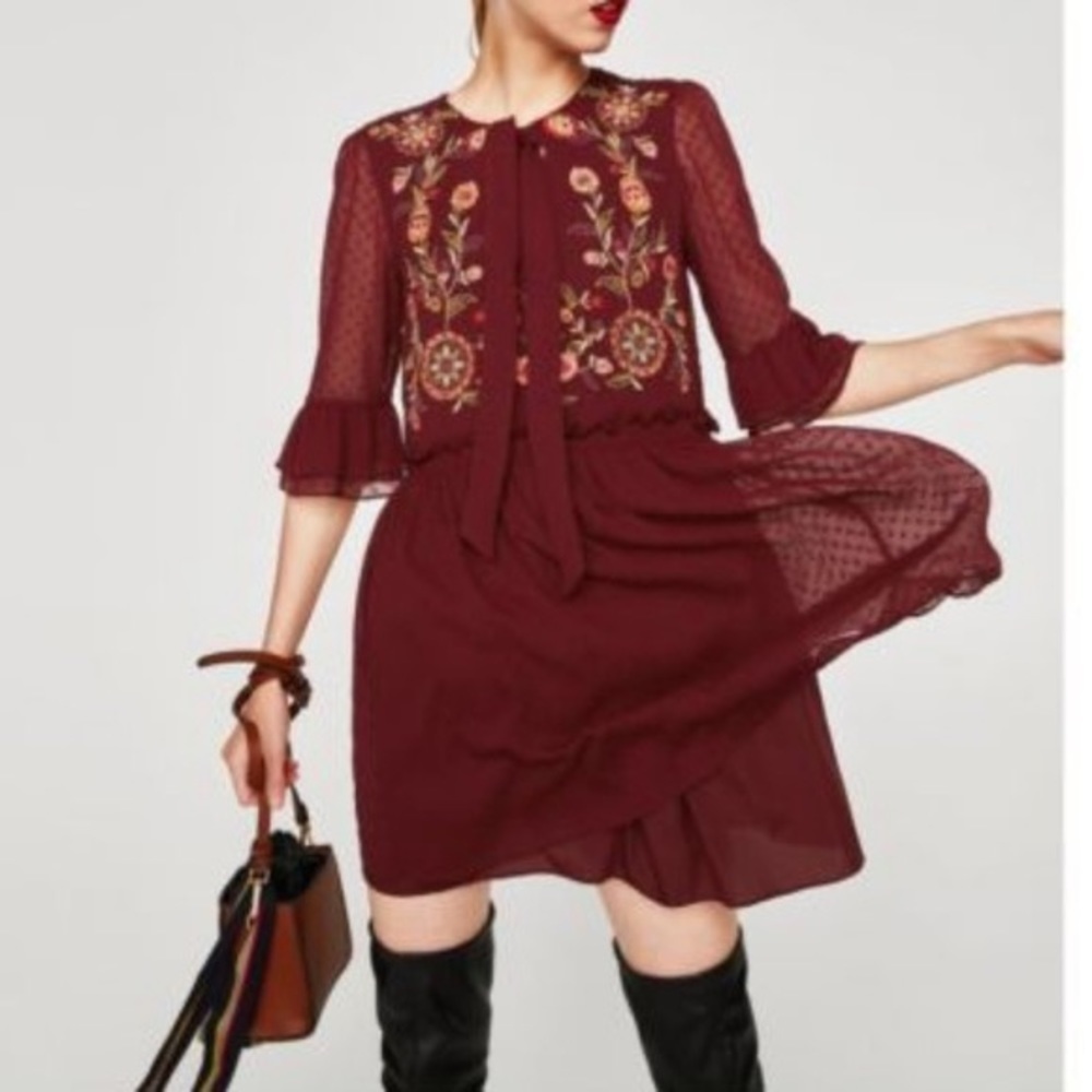 Zara Trafaluc Burgundy Floral Embroidered Swiss Dot Dress